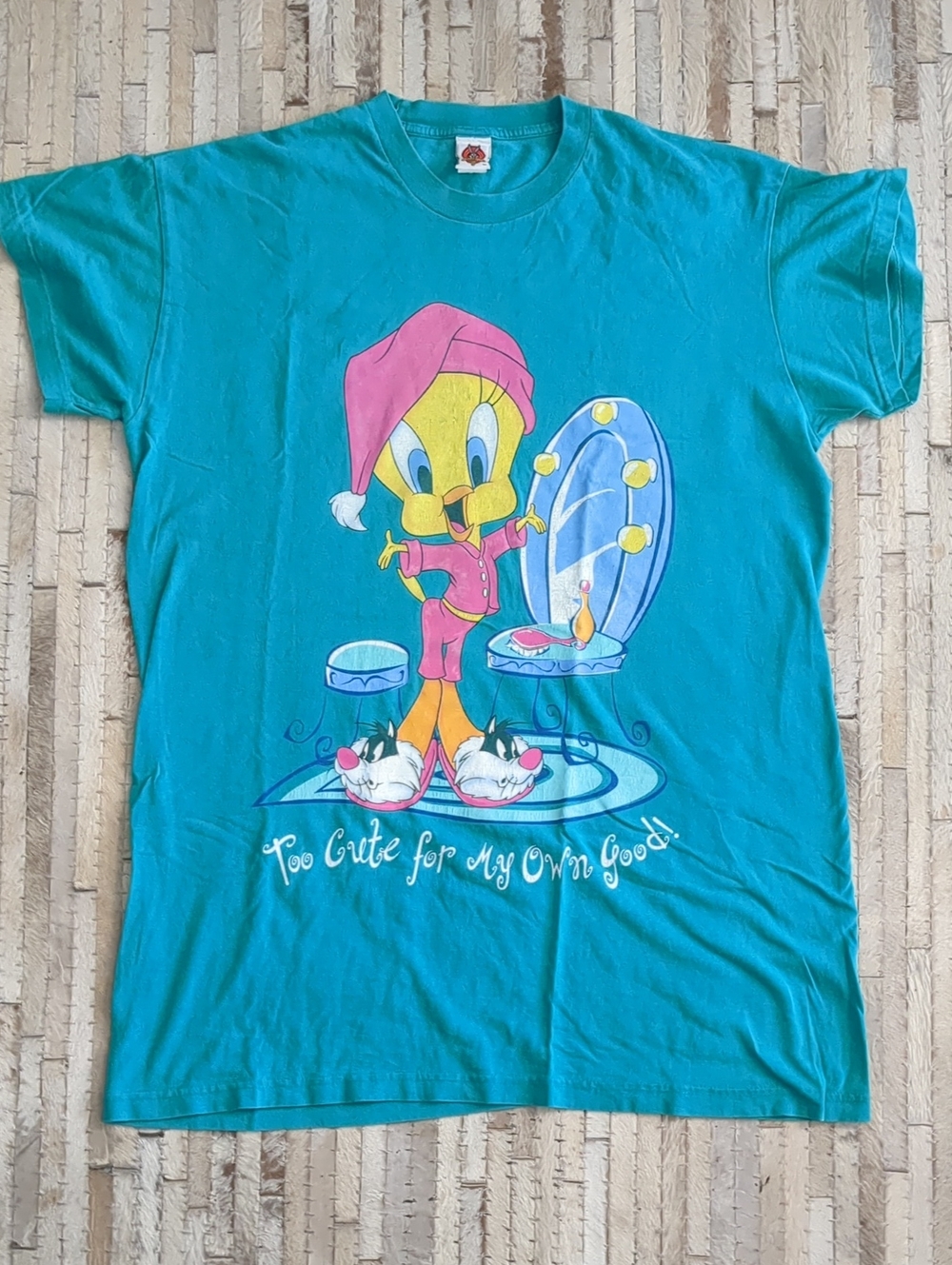 Vintage 90s Tweety Bird Sleep Shirt "Too Cute For My Own Good" Teal OSFA Looney